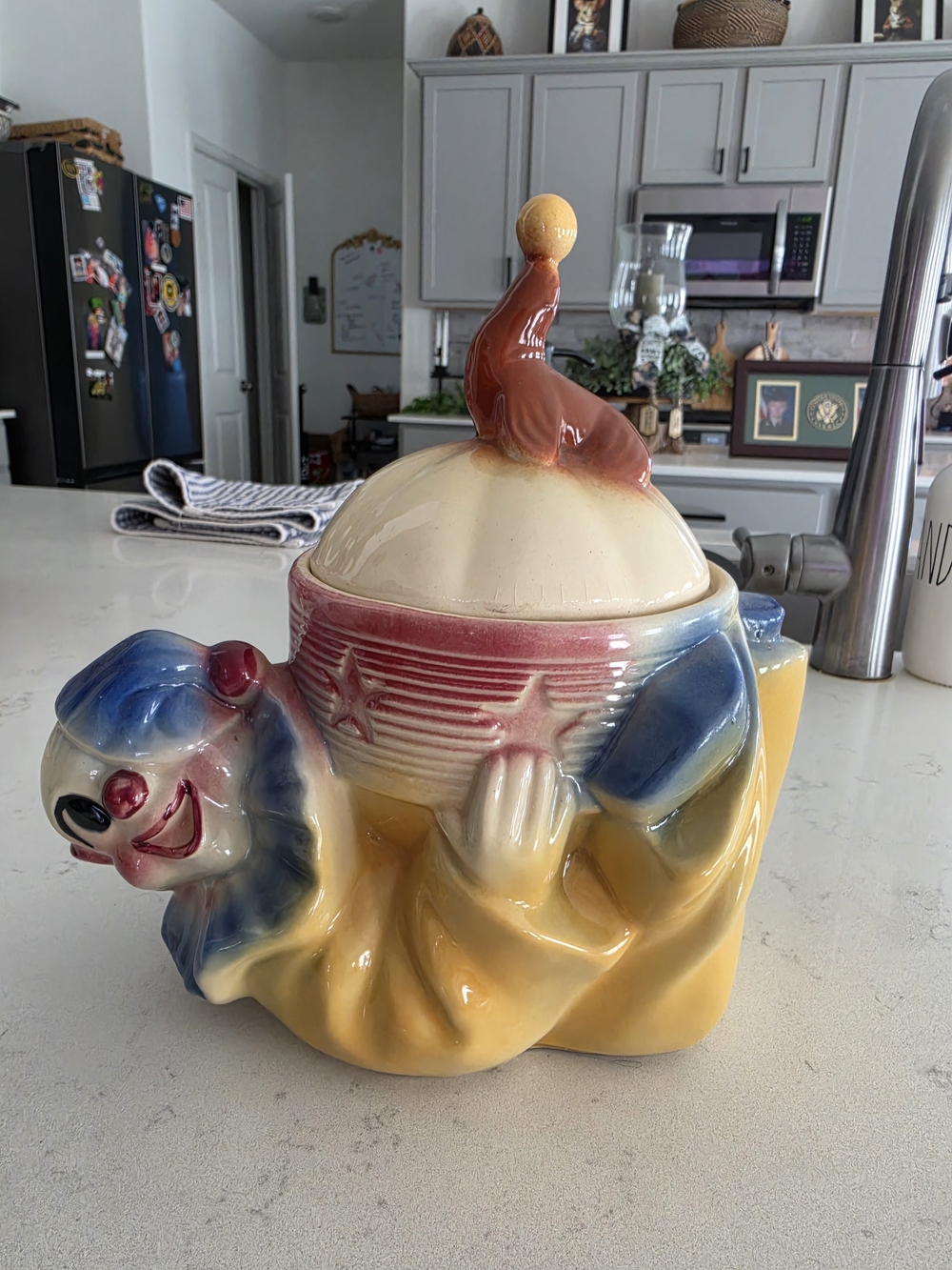 Shawnee Jo Jo Ceramic Yellow & Blue Clown Cookie Jar with Red Accent